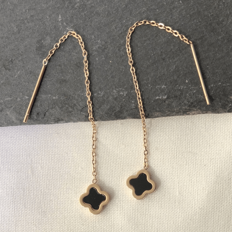 Stainless Steel Rose Gold Coloured Pull Through Black Flower on Chain Earrings