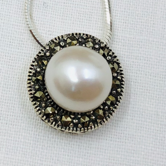 Marcasite, Silver and Faux Pearl Pendant and Chain