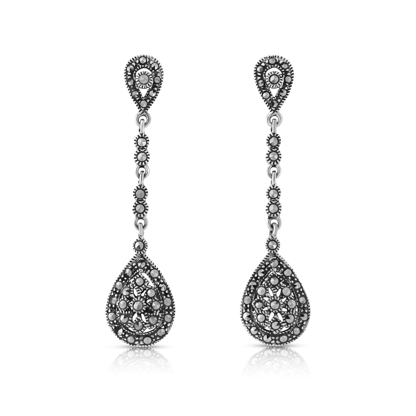 Marcasite Long Drop Sterling Silver Earrings