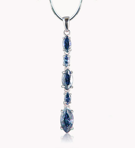 Navy Cubic Zirconia Long Silver Pendant and Silver Chain