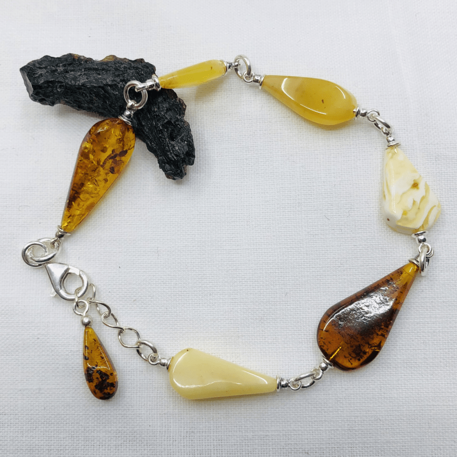 Amber, Multi Colour, Sterling Silver Freeform Bracelet