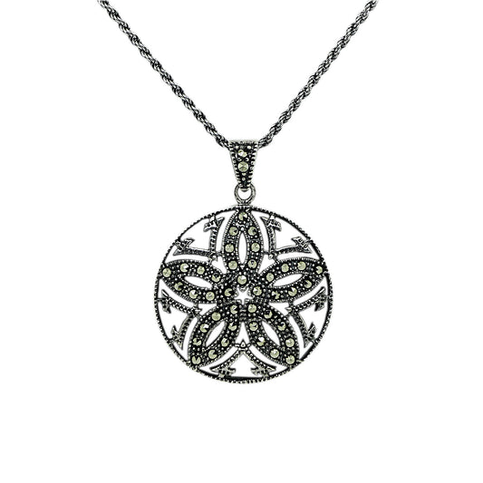 Marcasite and Sterling Silver Round Pendant and Silver Chain