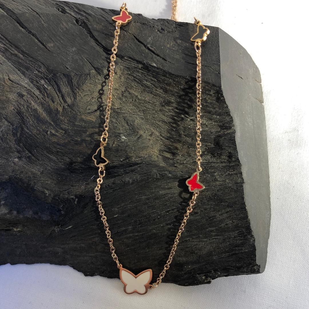 Stainless Steel necklace with Mother of Pearl, Black and Red Butterfly Detail