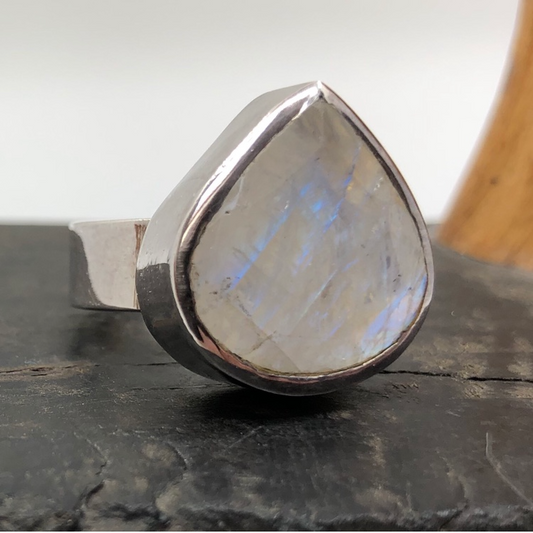 Rainbow Moonstone and Sterling Silver Faceted Ring