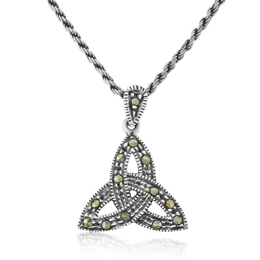 Celtic Trinity Knot Sterling Silver Marcasite Pendant and Chain