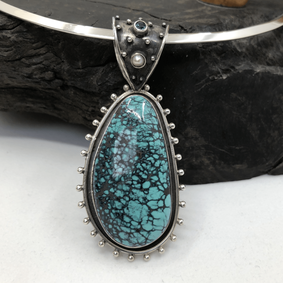 Turquoise and Sterling Silver Ethnic Pendant Silver Torc