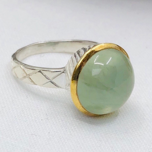 Prehnite and Sterling Silver with Gold Plate Round Stone Ring