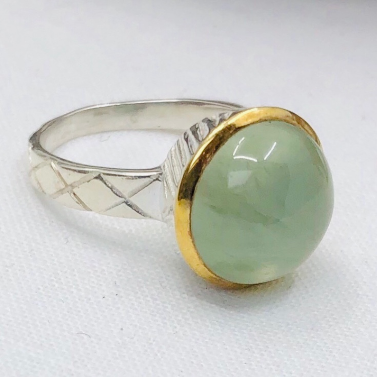 Prehnite and Sterling Silver with Gold Plate Round Stone Ring
