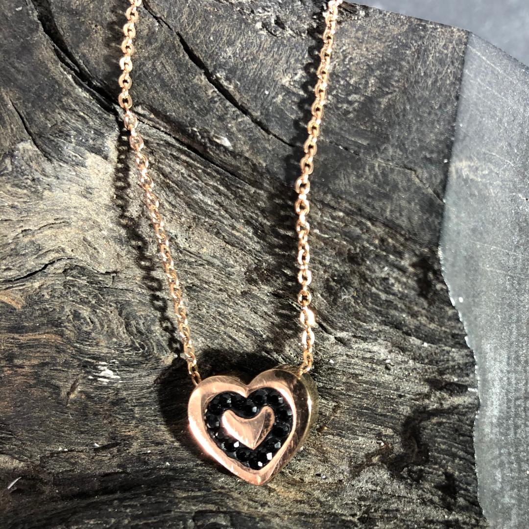 Stainless Steel Necklace Rose gold Coloured Heart with Black Stones