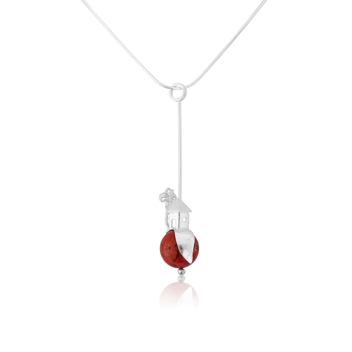 Sterling Silver and Red Coral Pendant and Silver Chain