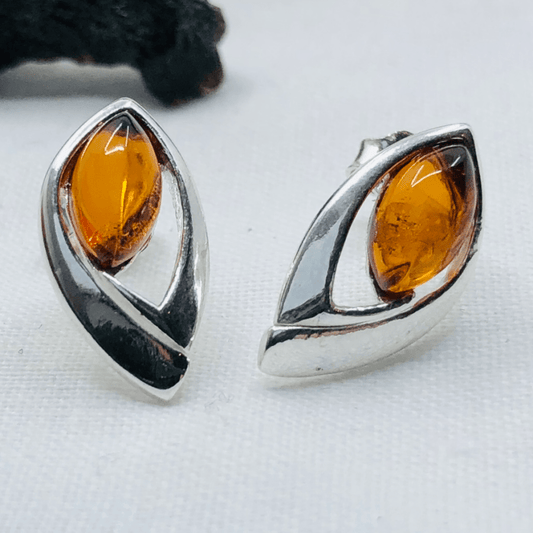 Amber and Sterling Silver Eye Shaped Studs