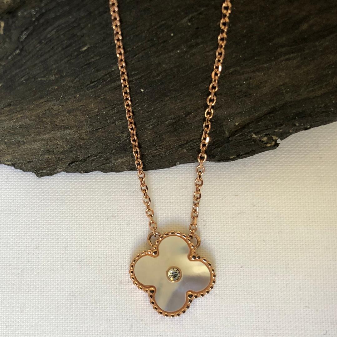 Stainless Steel Necklace with Mother of Pearl and CZ Stone Flower
