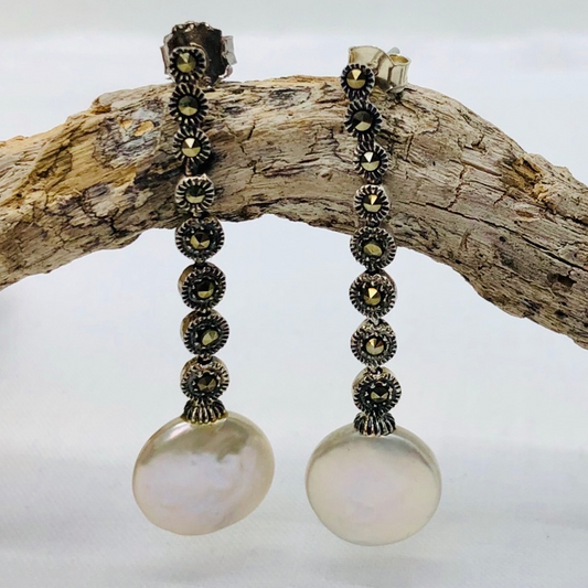 Marcasite and Pearl Long Drop Earrings