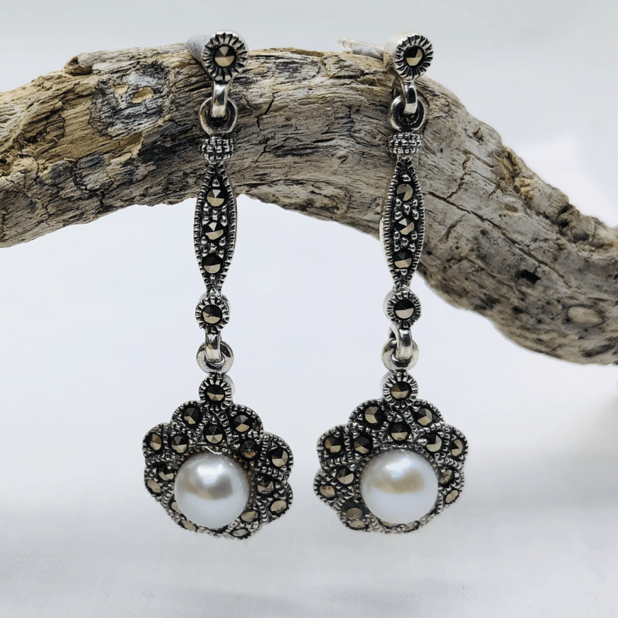 Marcasite, Silver and Pearl Flower Drop Earrings - Main Image