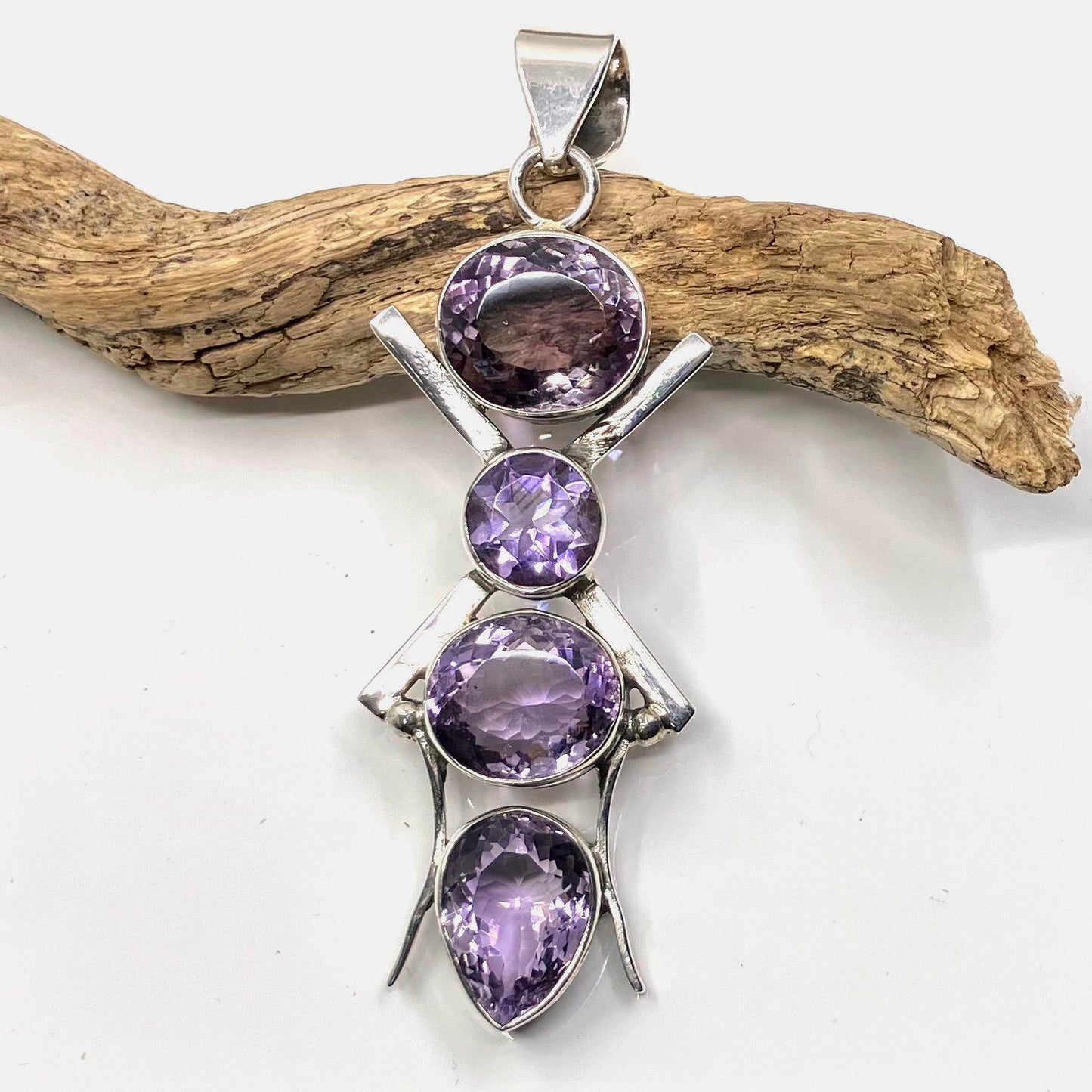 Amethyst and Sterling Silver Pendant 4 Cut Stones