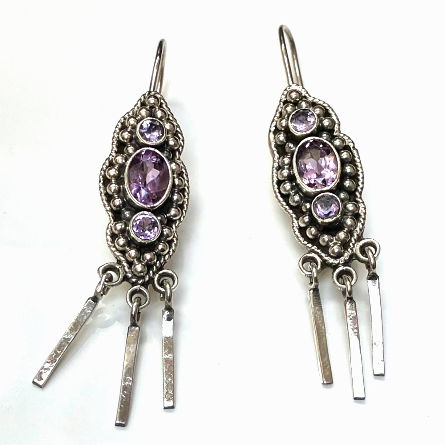 Amethyst and Sterling Silver Earrings Oxidised with 3 Cut Stones