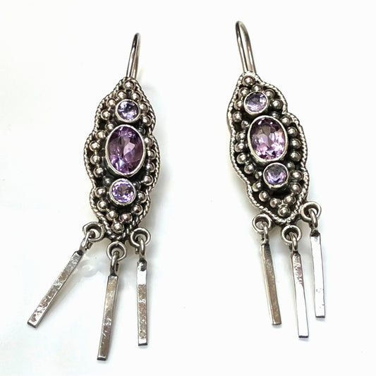 Amethyst and Sterling Silver Earrings Oxidised with 3 Cut Stones