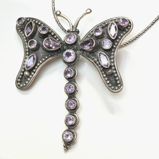 Amethyst and Sterling Silver Pendant Dragonfly on Silver Chain