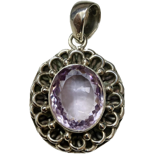 Amethyst and Sterling Silver Pendant Oval in Oxidised Ornate setting