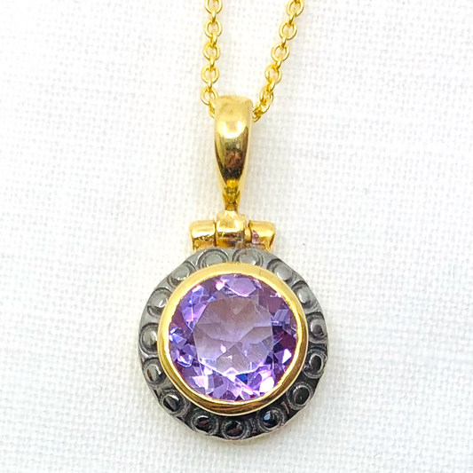 Amethyst and Sterling Silver Pendant Oxidised and Gold Plated with Gold Plated Chain