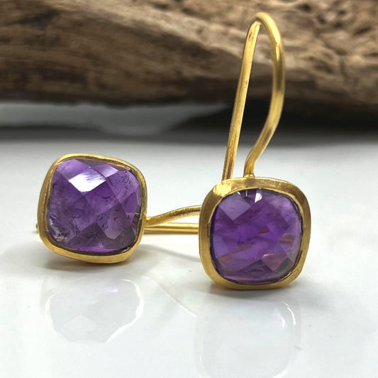 Amethyst and Sterling Silver Gold Plated Square Faceted Earrings