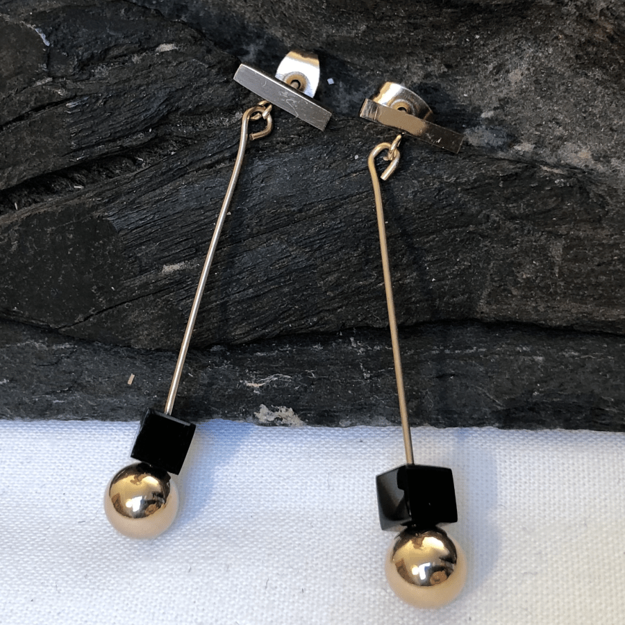 Stainless Steel Rose Gold and Black Coloured Cube and Ball Earrings