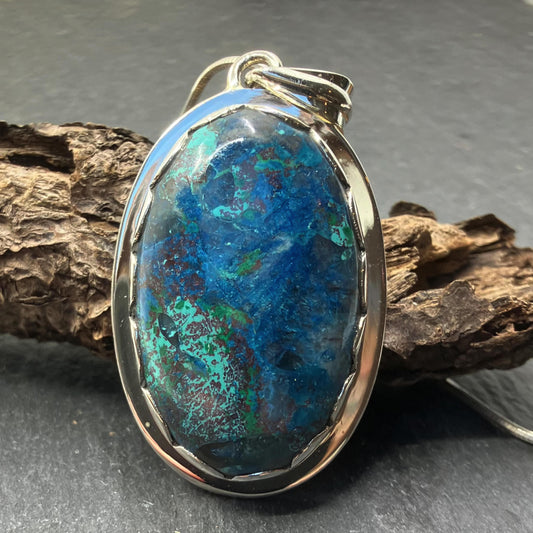 Azurite and Sterling Silver Pendant Oval on Silver Chain