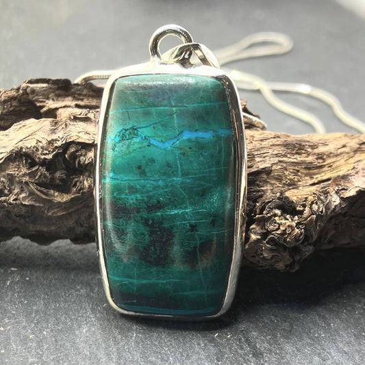 Azurite and Sterling Silver Pendant Rectangular on Silver Chain