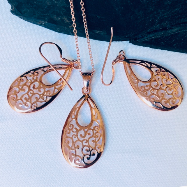 Rose Gold Plated Sterling Silver Pear Shaped Pair of Earrings