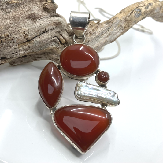 Carnelian and Sterling Silver Pendant 4 Stone 1 Pearl on 16" Chain