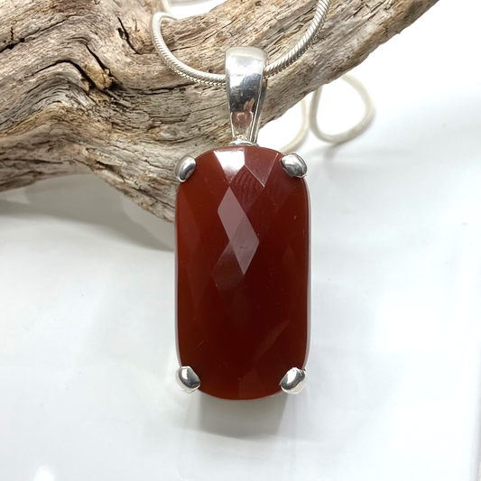Carnelian and Sterling Silver Pendant Rectangle Faceted on Silver Chain
