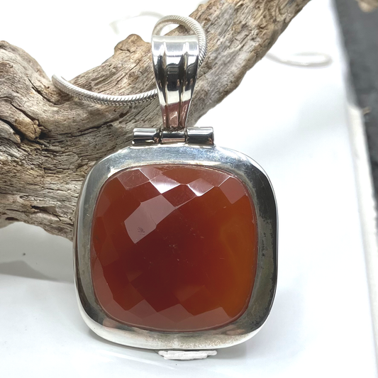 Carnelian and Sterling Silver Pendant Square Faceted on Silver Chain