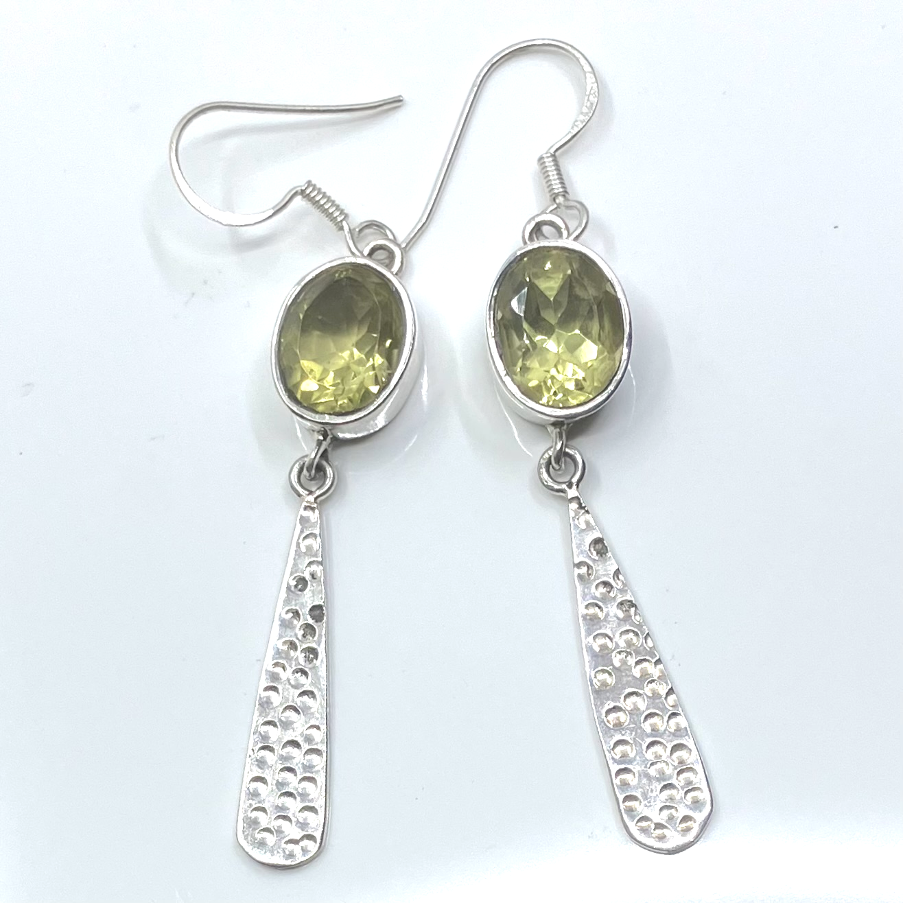 Citrine and Sterling Silver Earrings Oval with hammered drop