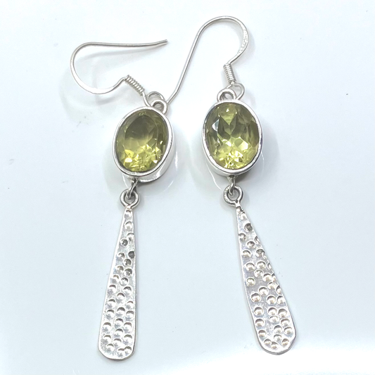Citrine and Sterling Silver Earrings Oval with hammered drop