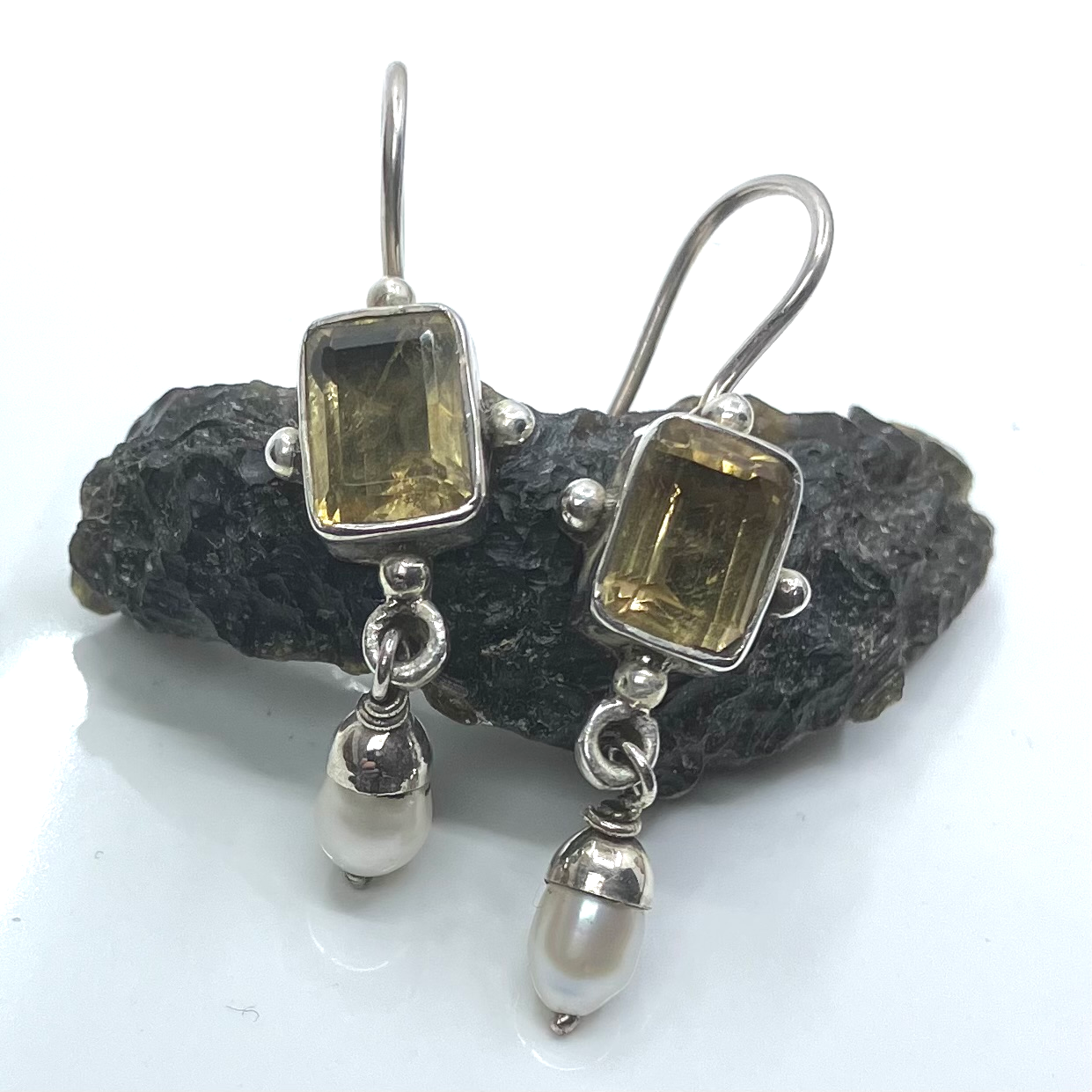 Citrine and Sterling Silver Earrings Rectangular with Pearl