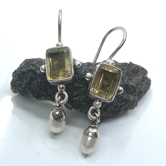 Citrine and Sterling Silver Earrings Rectangular with Pearl