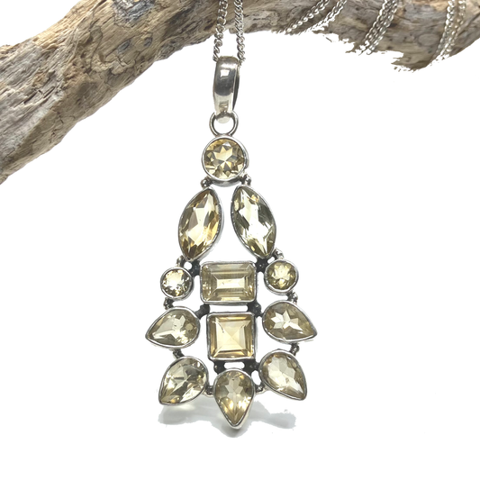 Citrine and Sterling Silver Pendant 12 Stone on Silver Chain