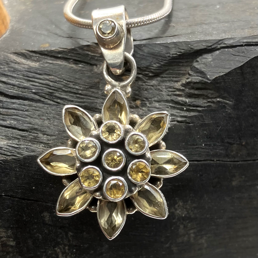 Citrine and Sterling Silver Pendant Pendant Sunflower 16 Cut Stone on Silver Chain