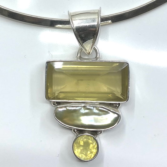 Citrine and Sterling Silver Pendant 2 Stone and Pearl on Silver Torc