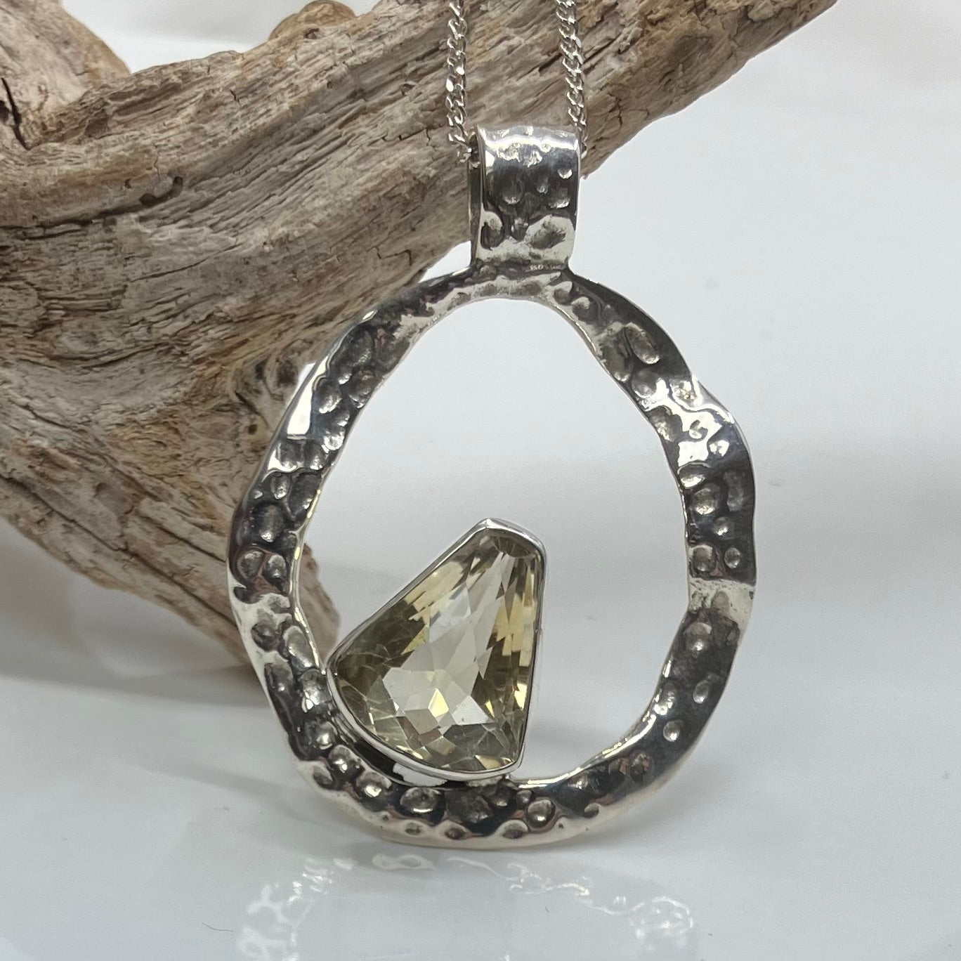 Citrine and Sterling Silver Pendant Hammered on Silver Chain