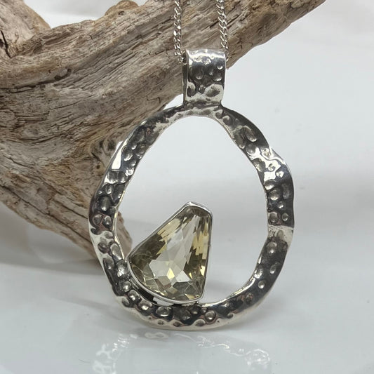 Citrine and Sterling Silver Pendant Hammered on Silver Chain