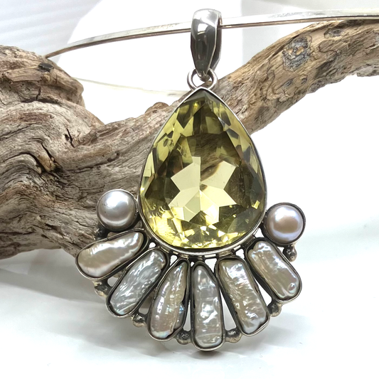 Citrine and Sterling Silver Pendant Tear Drop with 8 Pearls on Silver Torc
