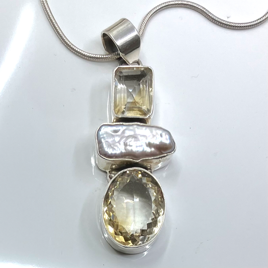 Citrine and Sterling Silver Pendant with Pearl on Silver Chain