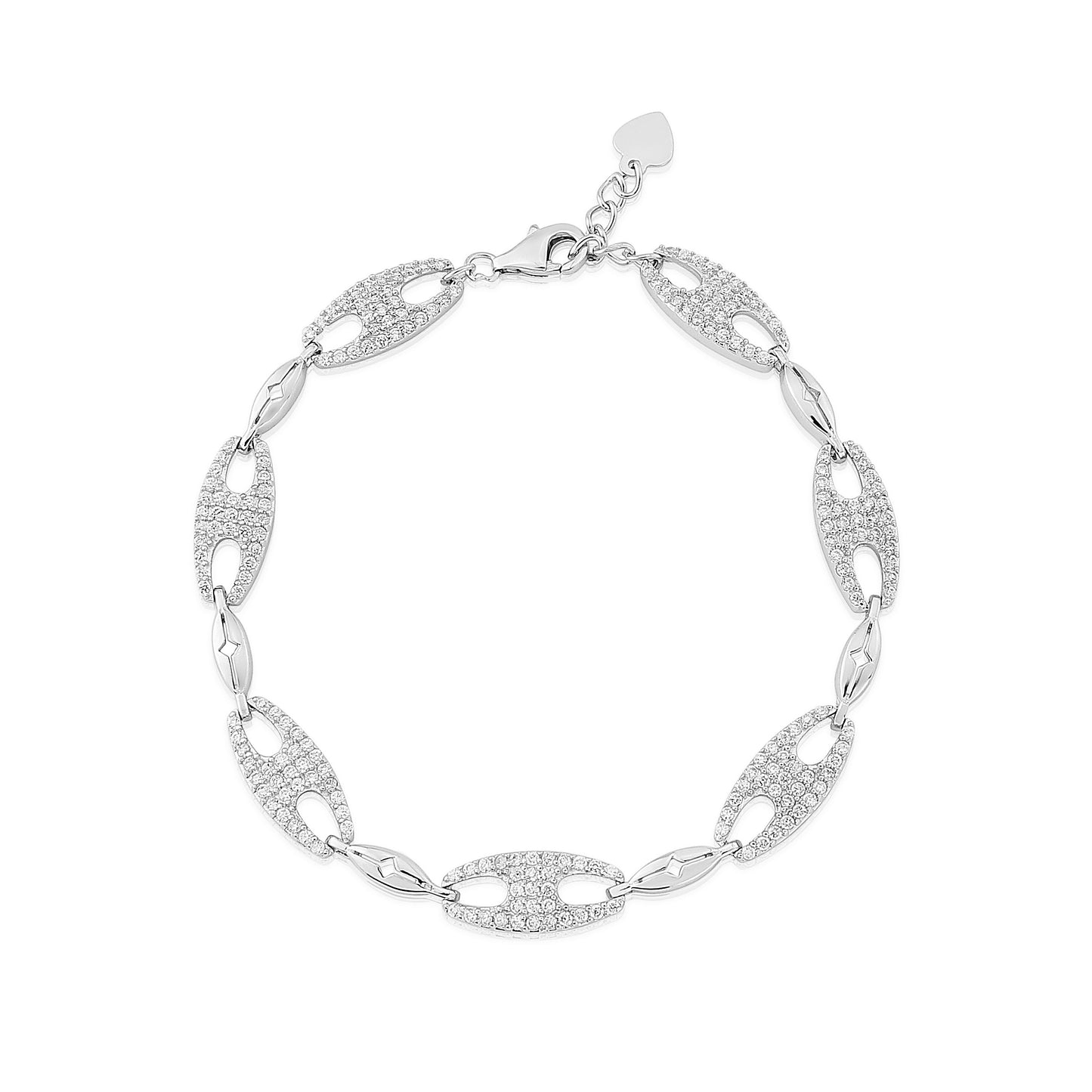 White CZ and Sterling Silver Oval Link Bracelet