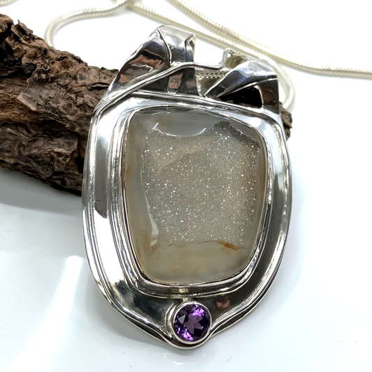 Druzy Amethyst and Sterling Silver Pendant on Silver Chain