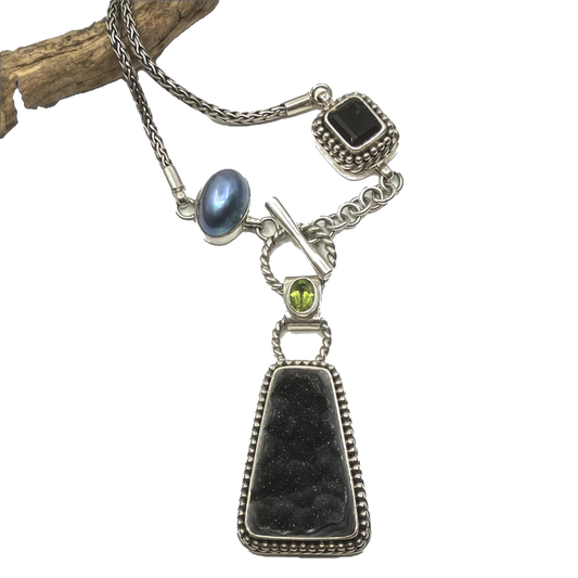 Druzy Pearl and Sterling Silver Necklace Oxidised