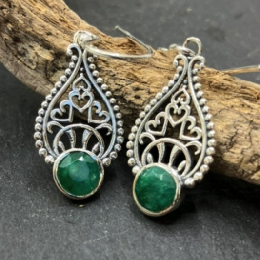 Emerald Sterling Silver Filigree Earrings