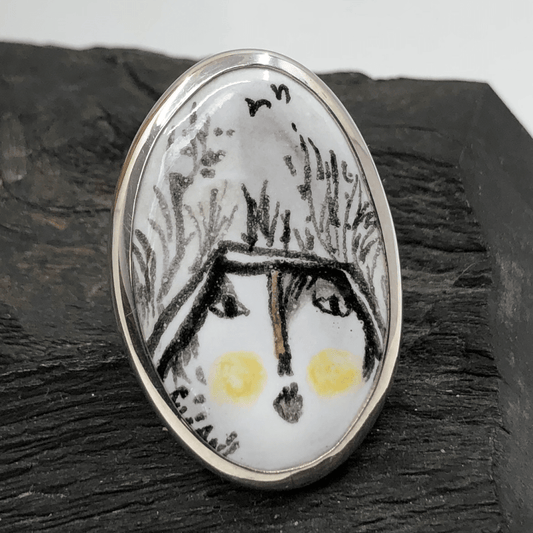 Handmade Ceramic Face in Sterling Silver Ring Bea