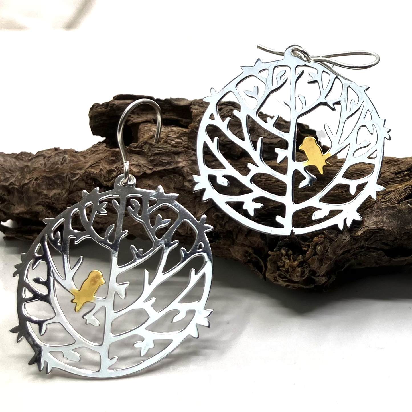 Sterling Silver and Gold Plate Earrings Round Tree and Bird