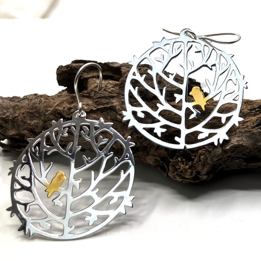 Sterling Silver and Gold Plate Earrings Round Tree and Bird